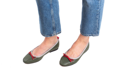 Ballet Flat - olive with grey and red detail