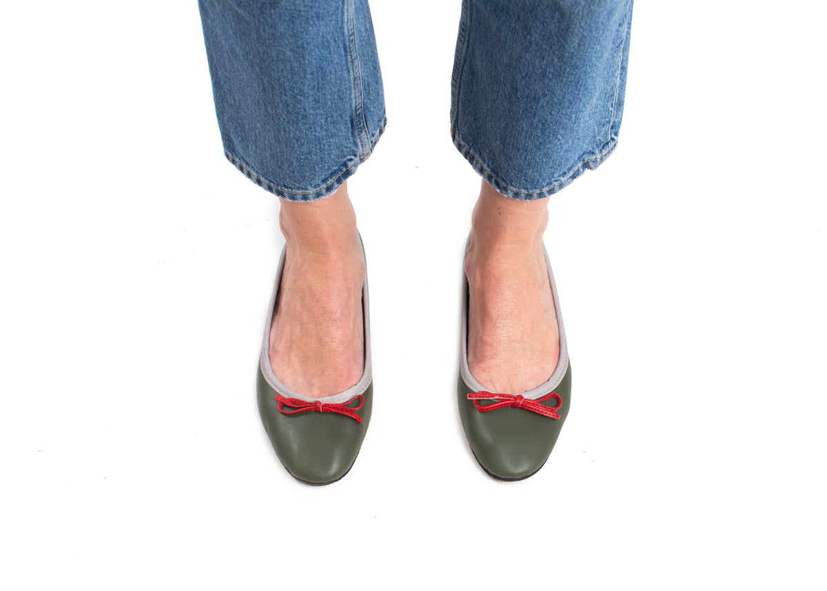 Ballet Flat - olive with grey and red detail