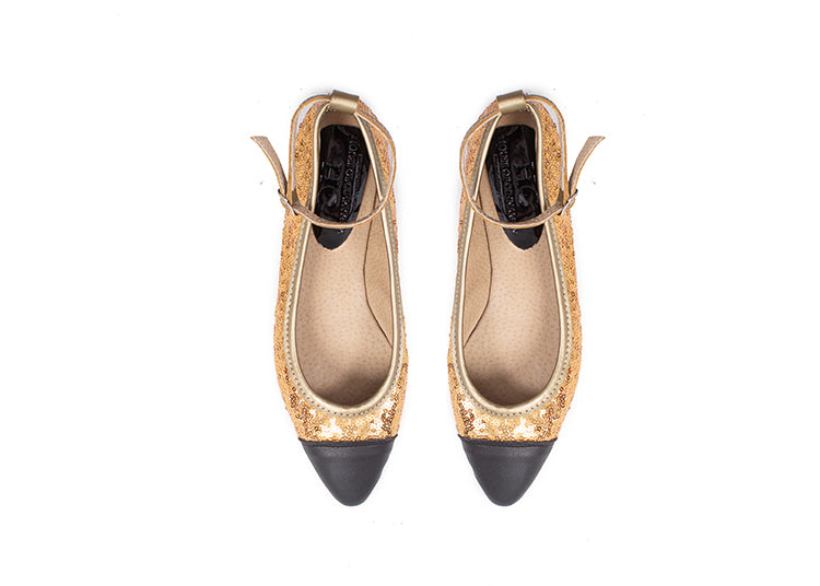 Pointed Flat - gold sequins with ankle strap
