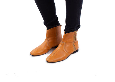 Tan Leather Ankle Boot - Cowboy cut